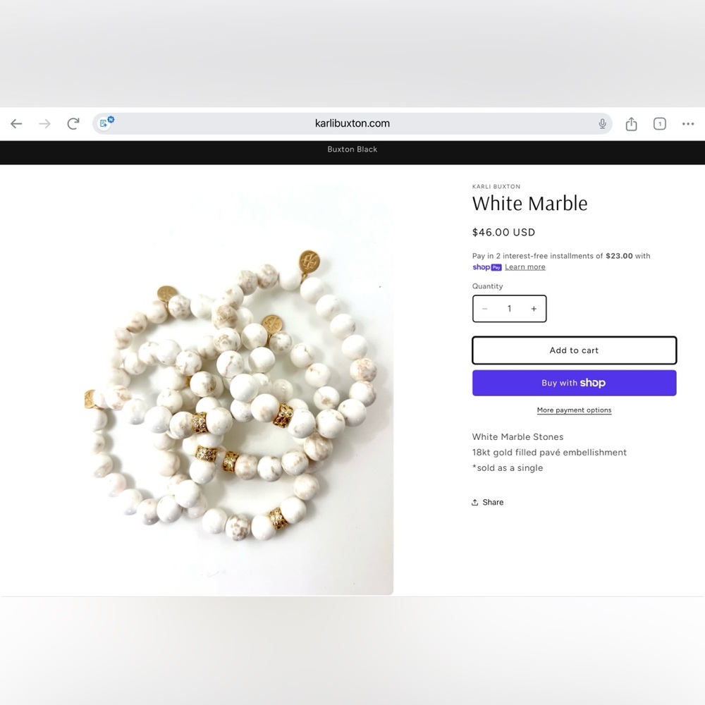 KARLI BUXTON $55 White Marble Beads Bracelet Stretch with Gold Bead and Tag NEW - Picture 4 of 4